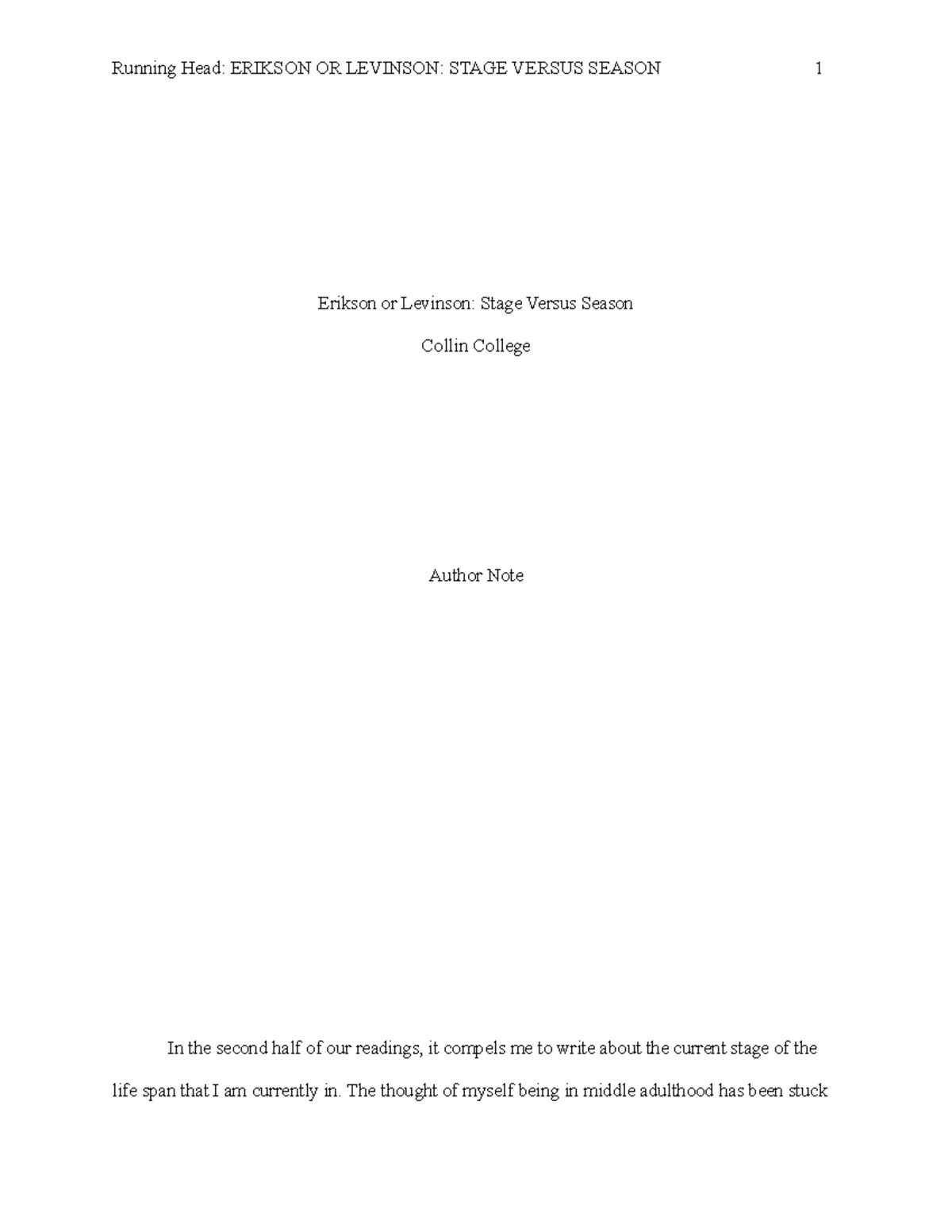 Collin College PSY 2314 Erikson or Levinson Stage Versus Season Paper