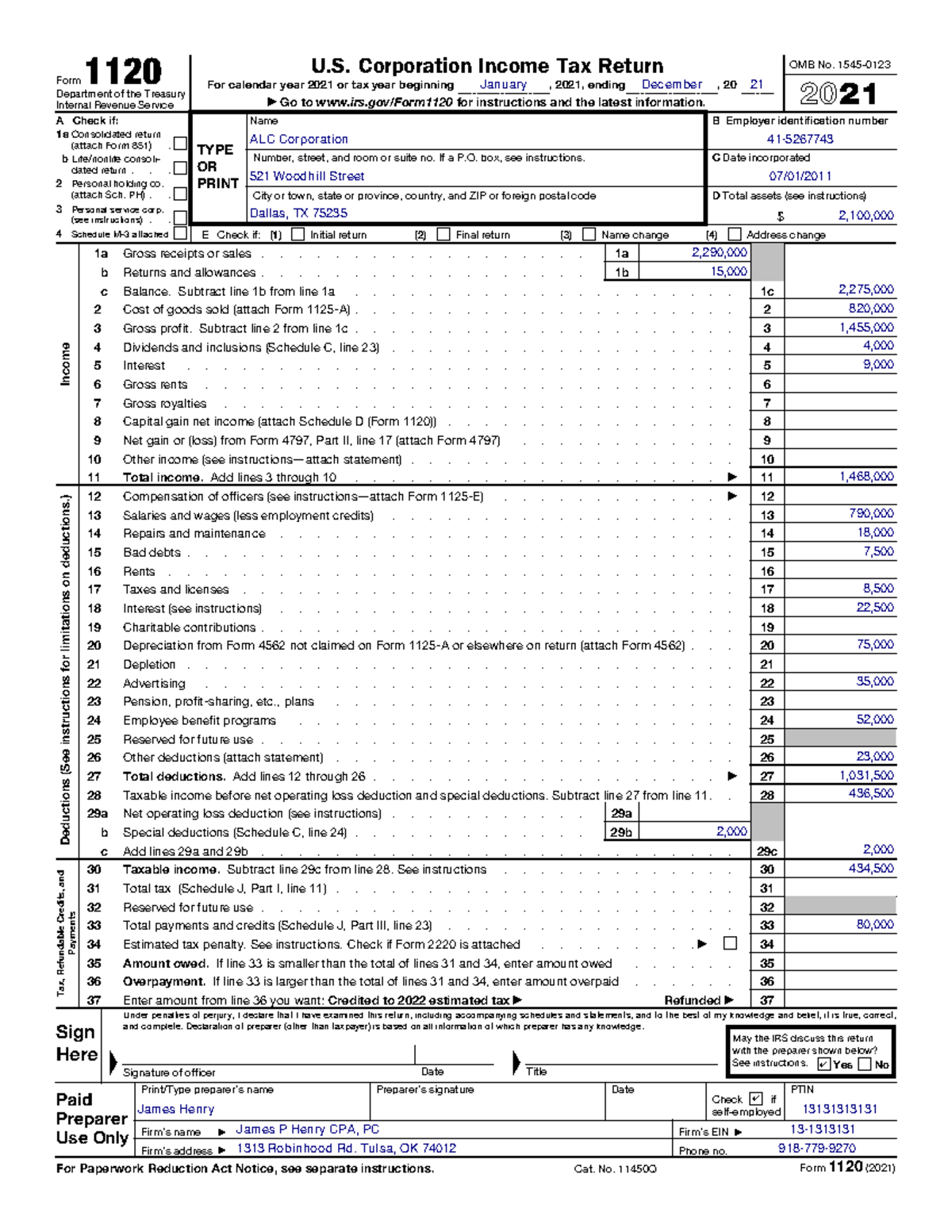 Form 1120 Tax Project (With Changes) - Form 1120 Department of the ...