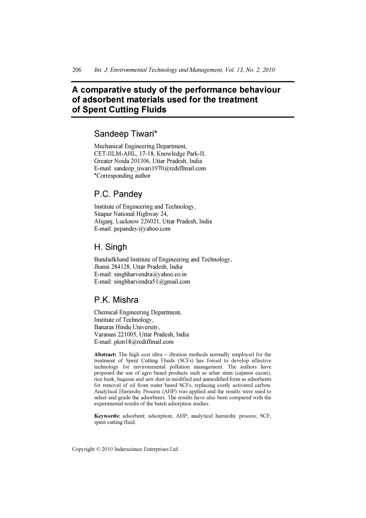 A Comparative Study Of The Performance B - 206 Int. J. Environmental ...