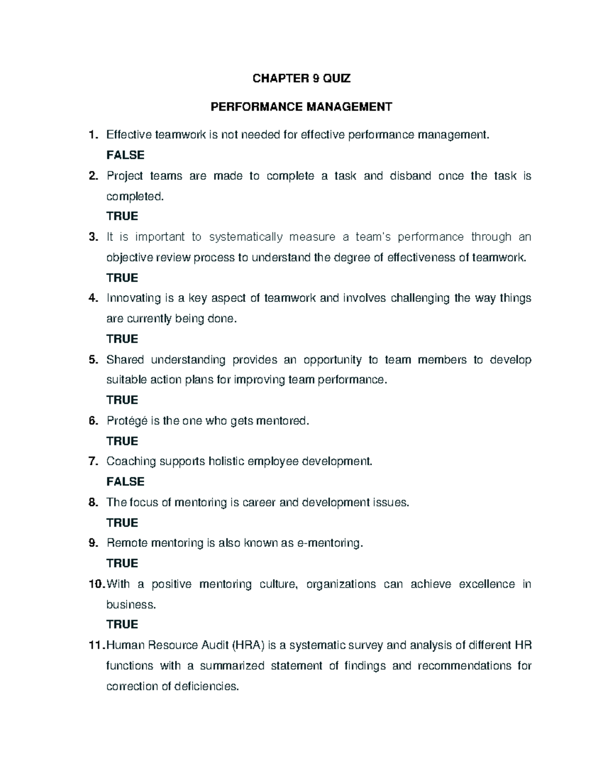 Chapter 9 QUIZ - Performance Management - CHAPTER 9 QUIZ PERFORMANCE ...