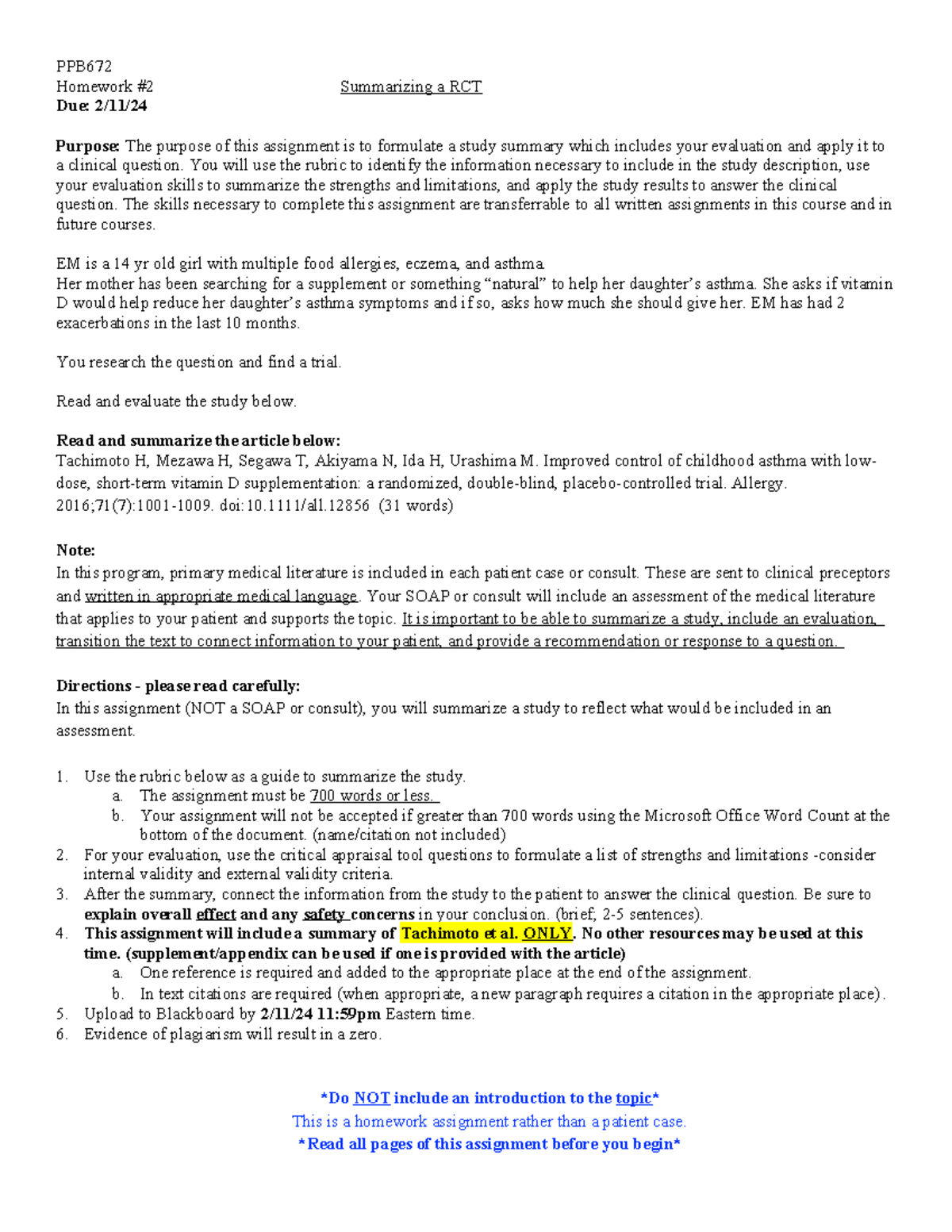 Rubric by professor PPB Homework 2 Summarizing a RCT Due 2/11