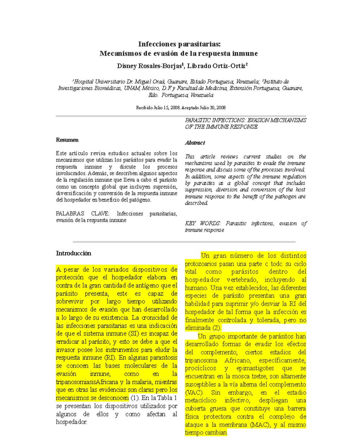 consecuencias inmunopatológicas de las infecciones parasitarias