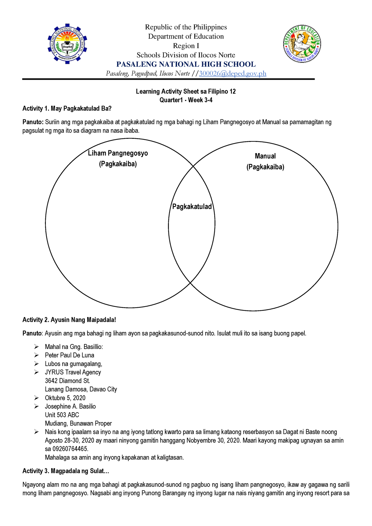 Learning Activity Sheet Sa Filipino 12 Liham Pangnegosyo Pagkakaiba