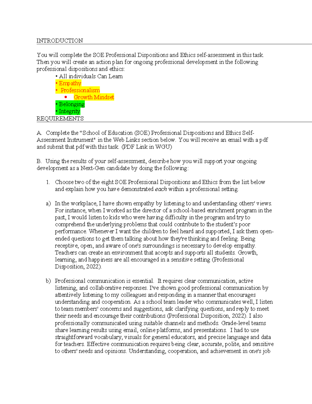 D168 Task4 - SOE Professional Dispositions and Ethics Self-assessment ...