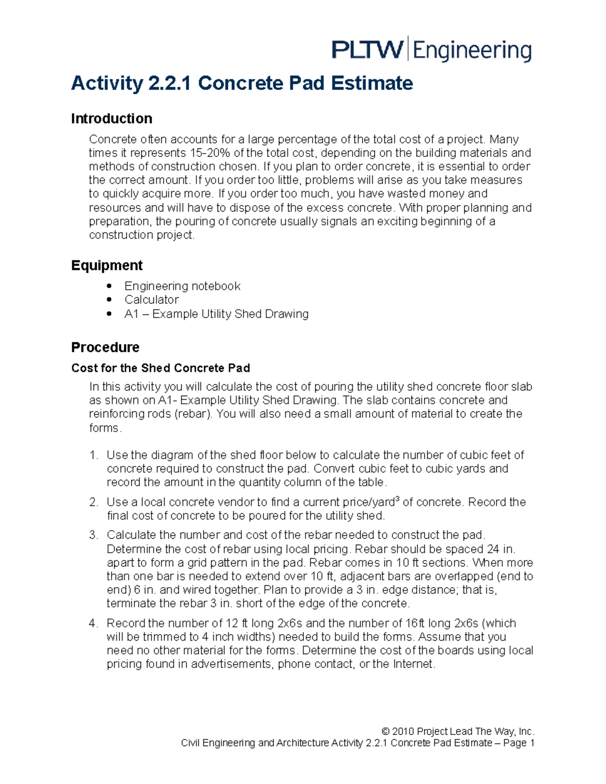 2.2.1.A Concrete Pad Estimate Activity 2.2 Concrete Pad Estimate