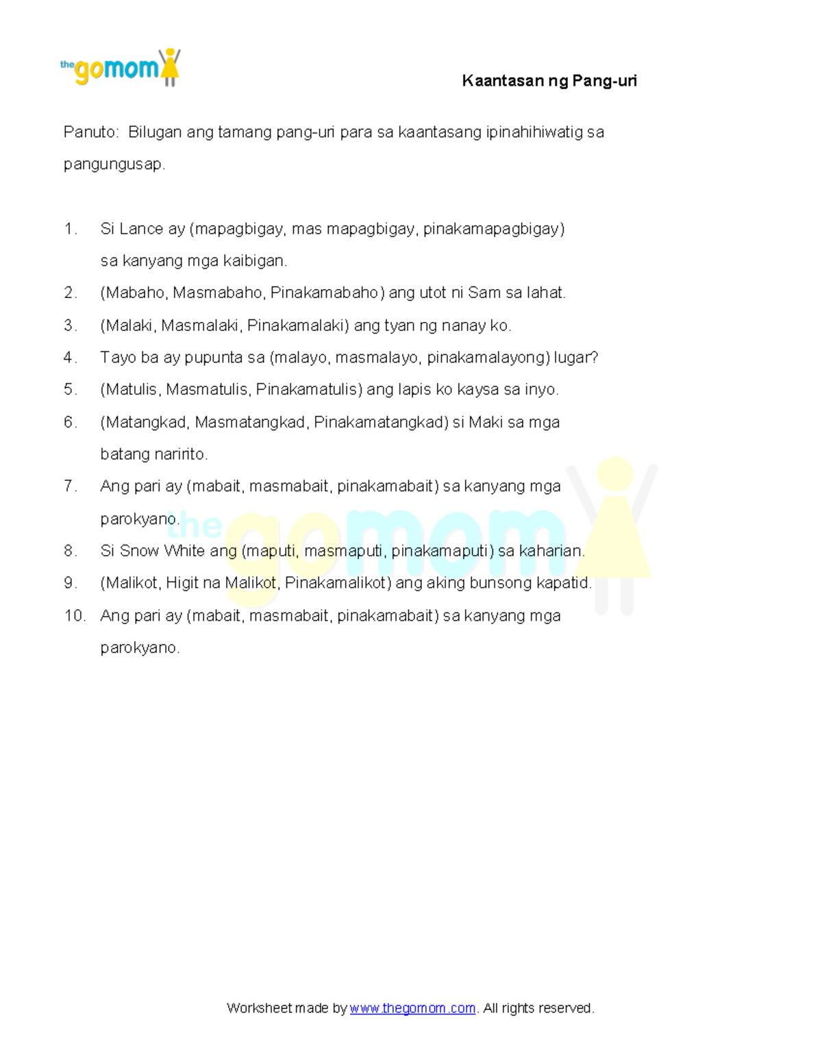 Kaantasan Ng Pang Uri 6 Worksheets - Panuto: Bilugan Ang Tamang Pang ...