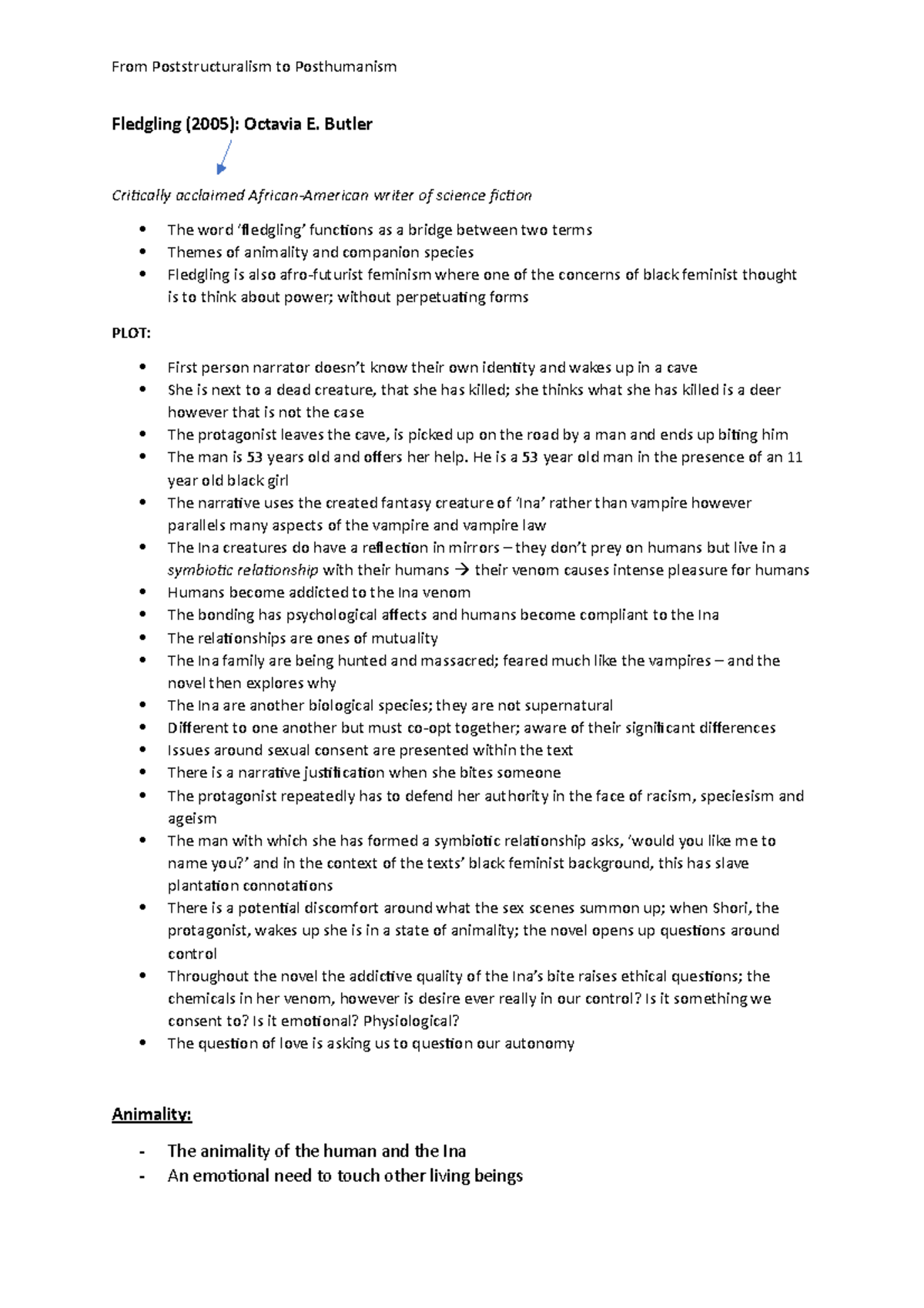 Octavia E. Butler Fledgling From Poststructuralism to Posthumanism