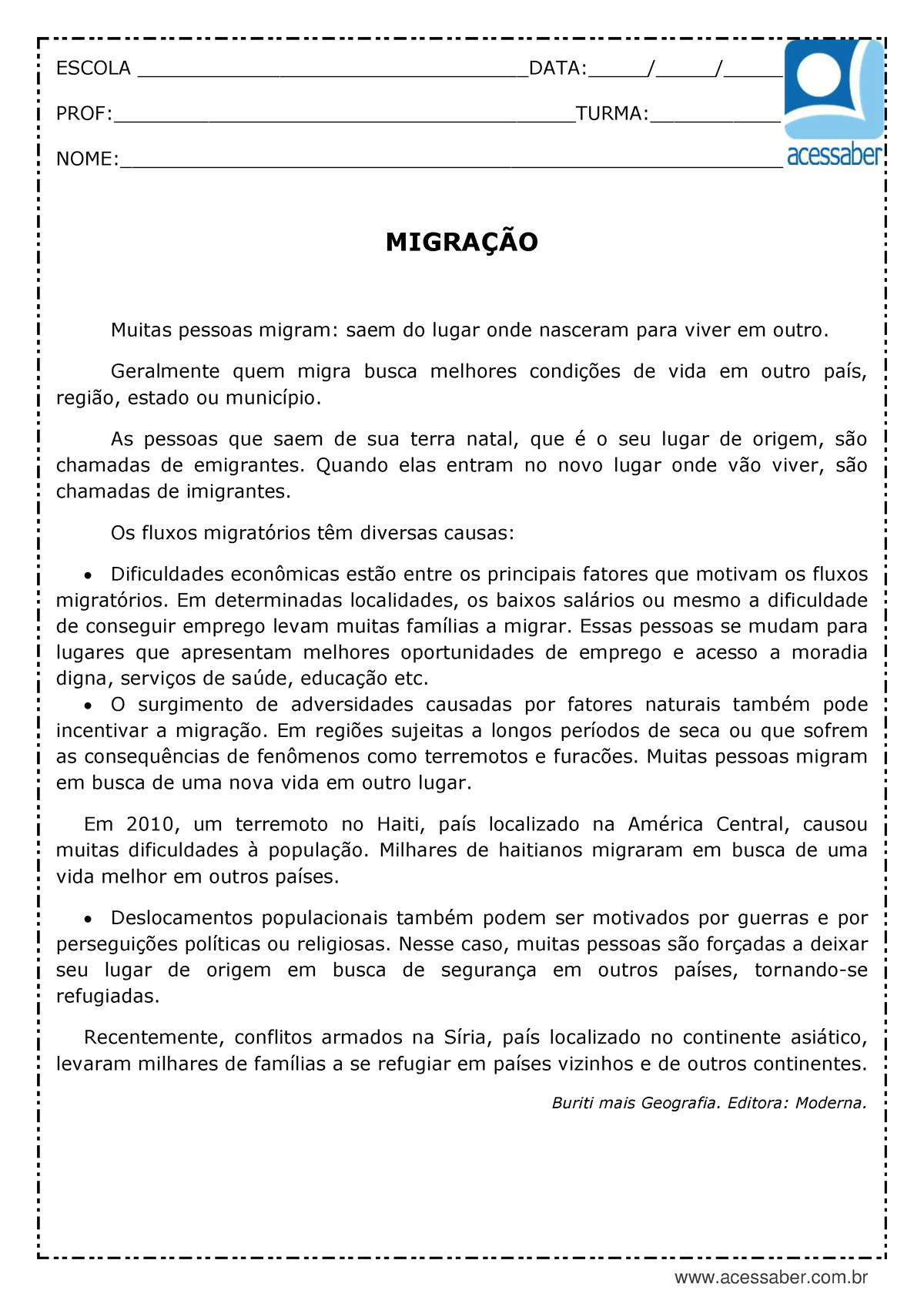 Atividade De Geografia Migracoes 5 Ano Respostas Escola Data 6123