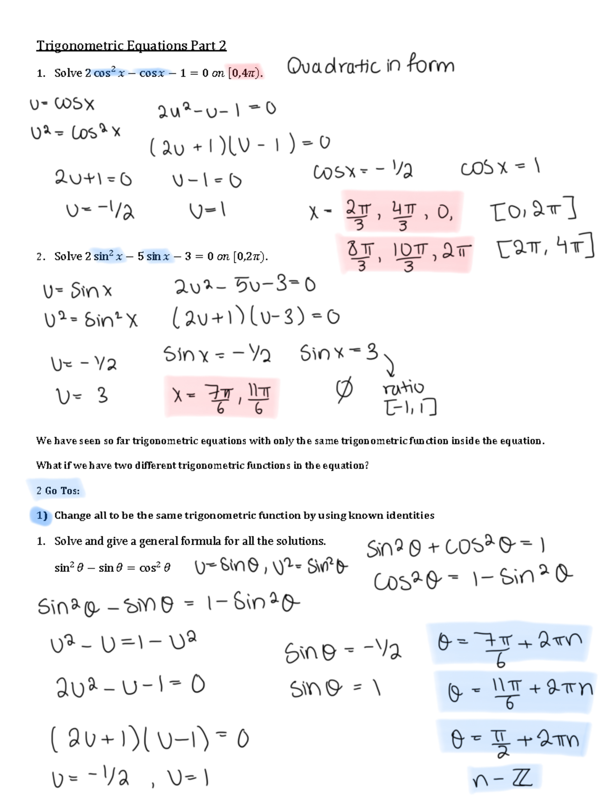 W9+V2+Trigonometric+Equations+Part+2 - Trigonometric Equations Part 2 1 ...