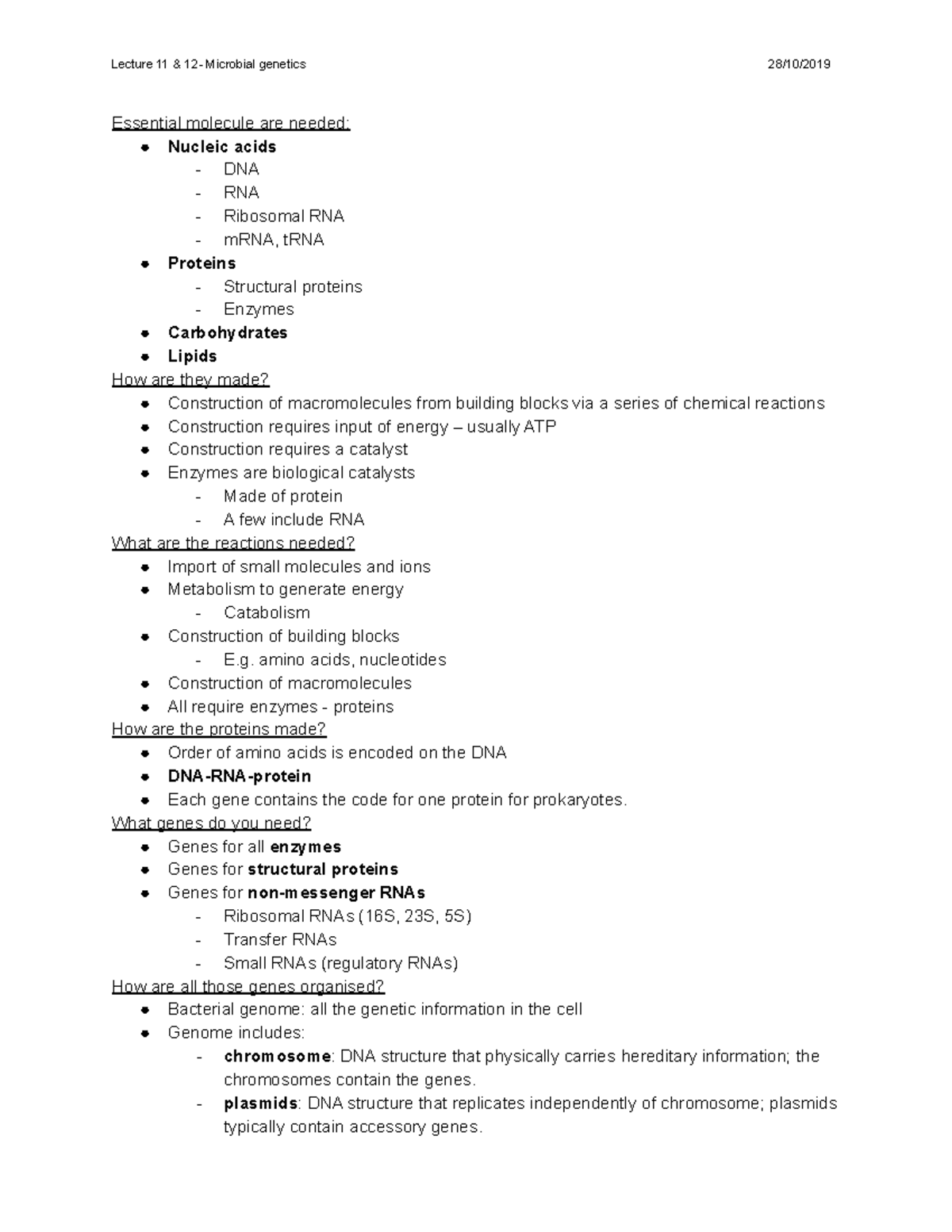 week 6 Lecture 11 & 12 notes - microbes genetics - Essential molecule ...