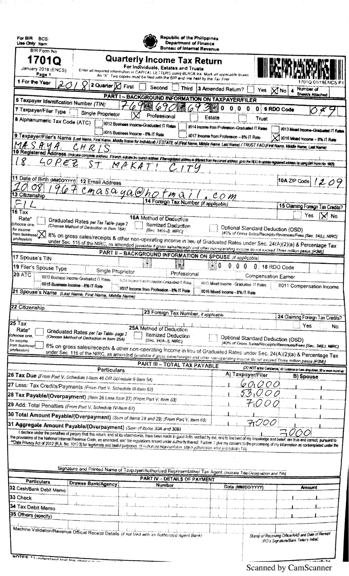 TAX - 1701Q - Bir Form Practice - Accounting - Studocu