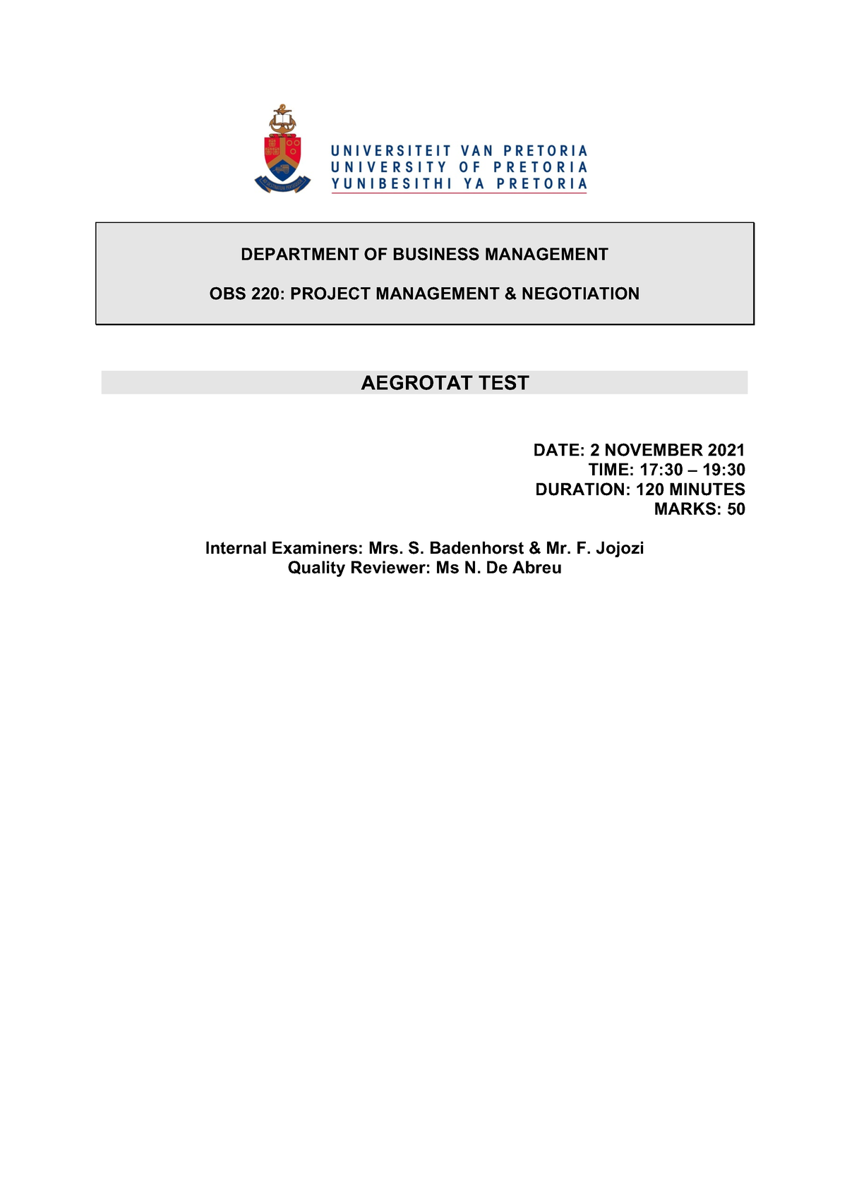 Obs220 Aegrotat Test 2021 Memo Department Of Business Management Obs