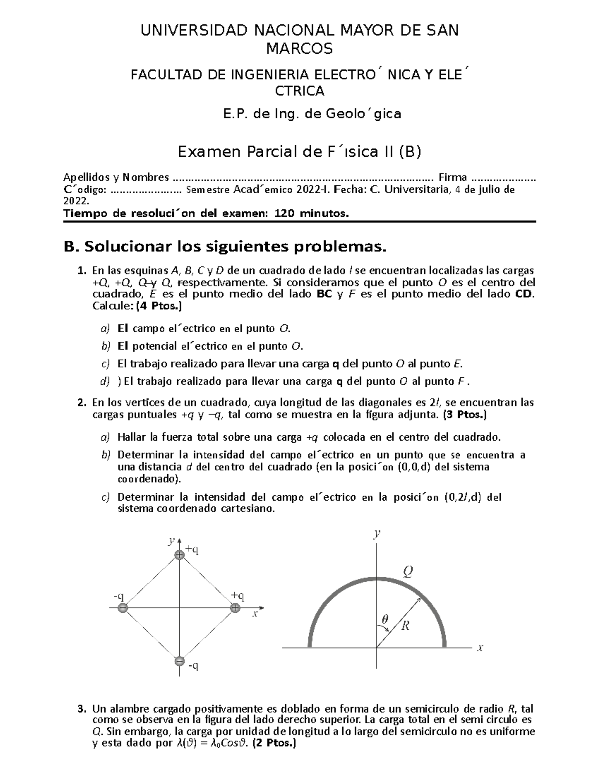 Examen Parcial (B) Física II 2022-1 - UNIVERSIDAD NACIONAL MAYOR DE SAN ...