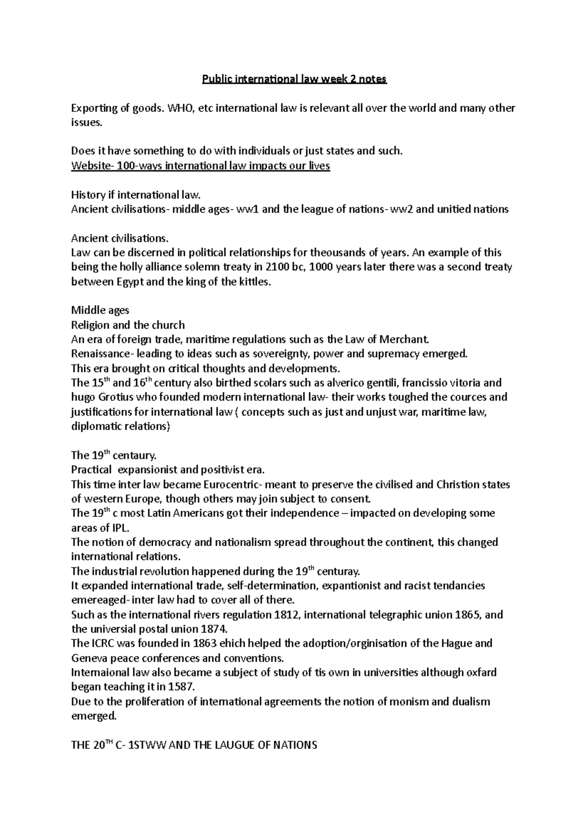 Public international law week 2 notes - WHO, etc international law is ...
