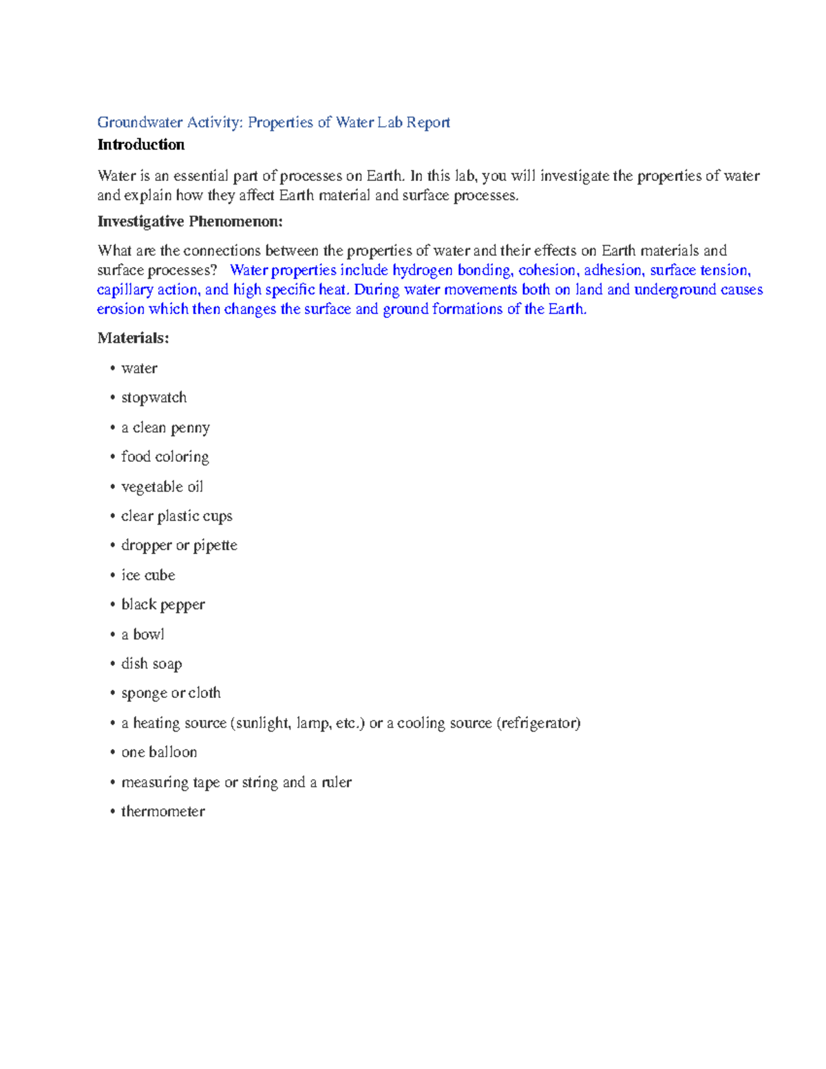 Groundwater lab report Groundwater Activity Properties of Water Lab