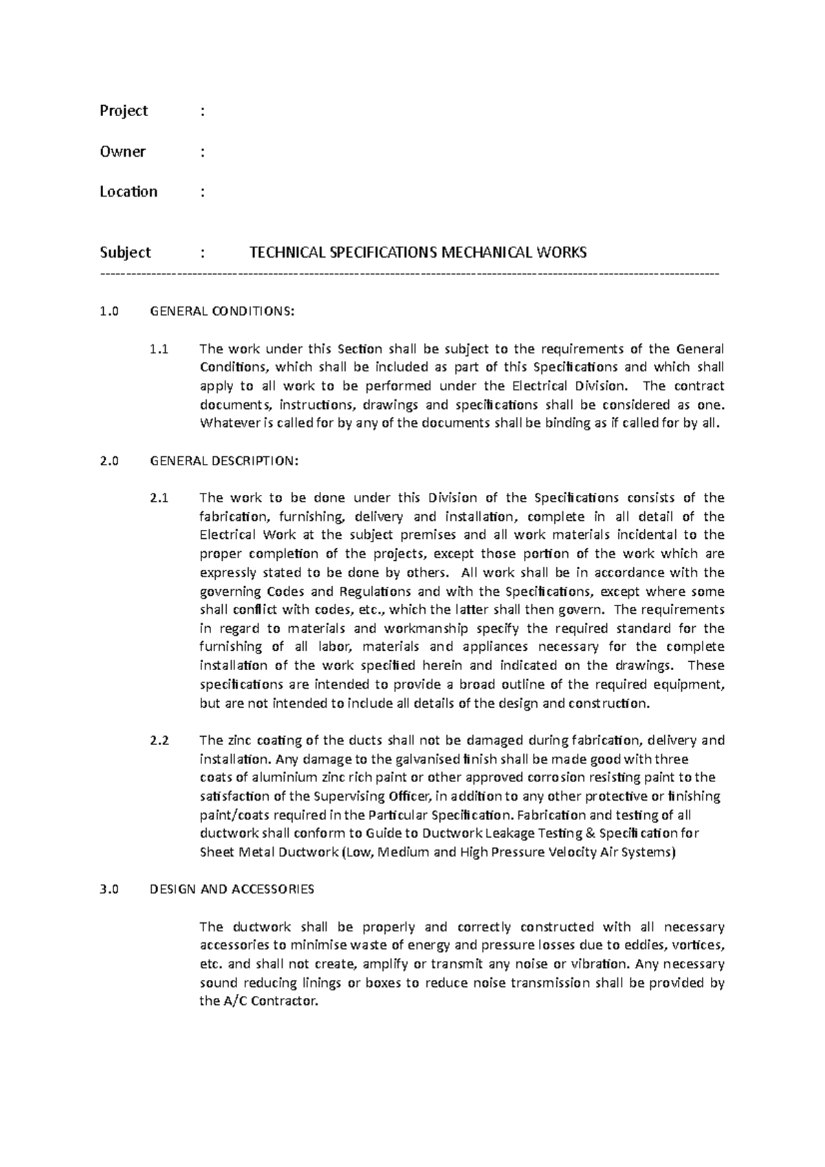 Specs FOR Mechanical Ducting - Project : Owner : Location : Subject ...