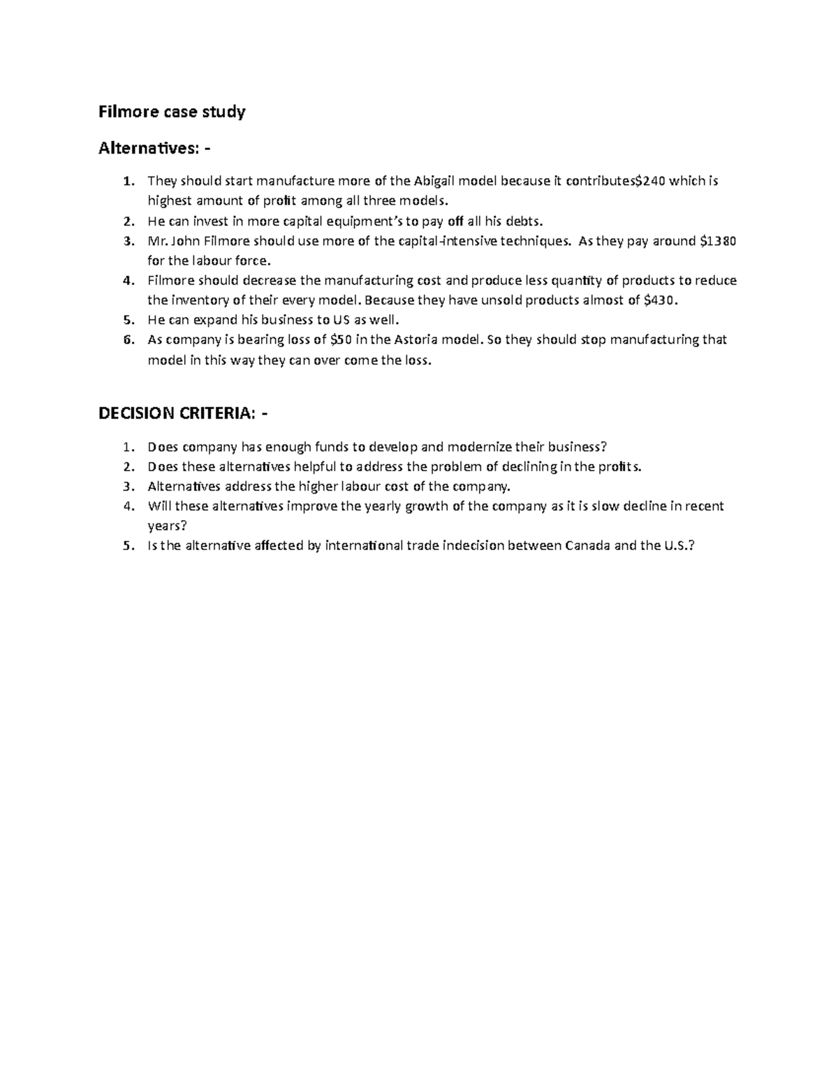 Filmore case study[ 931] - Filmore case study Alternatives: - 1. They ...