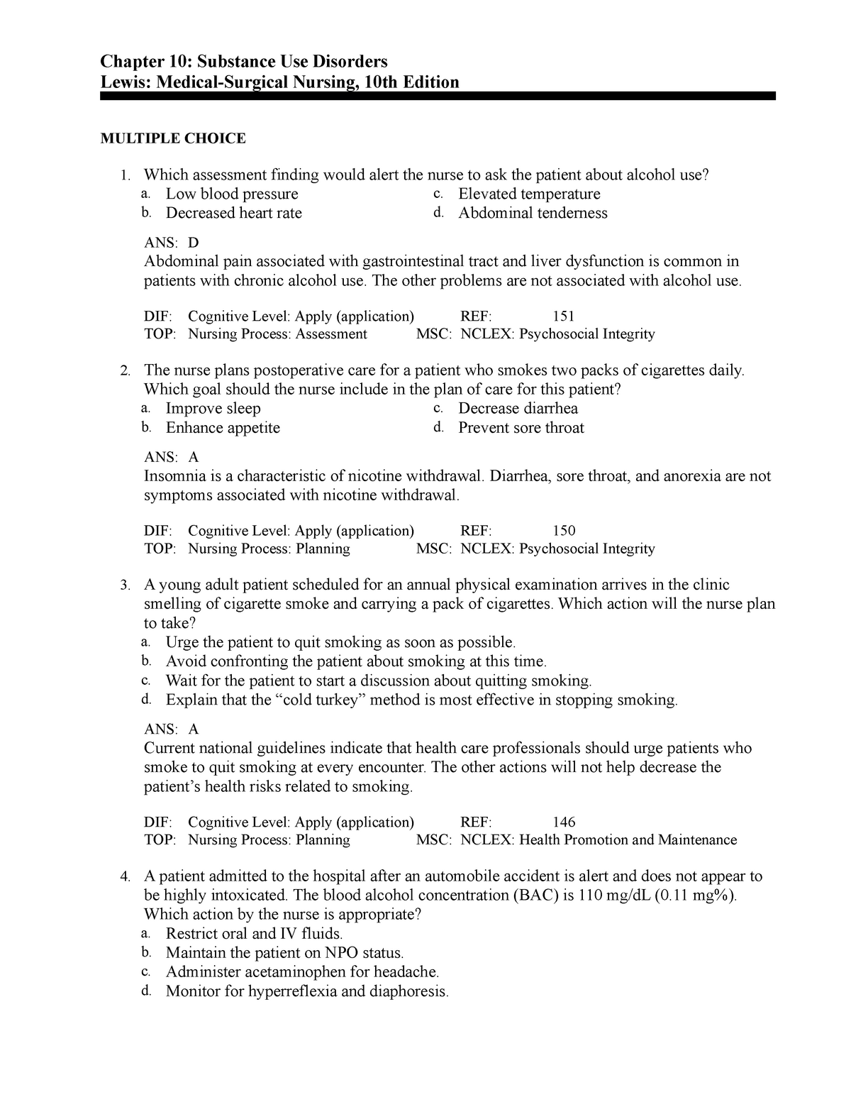 C10 Ch 10 Test Bank Chapter 10 Substance Use Disorders Lewis Medical Surgical Nursing 8498