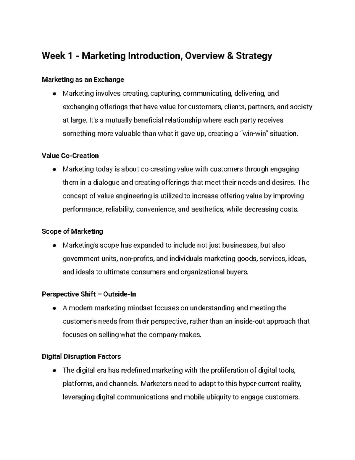 BUAD307 Study Guide - Week 1 - Marketing Introduction, Overview ...