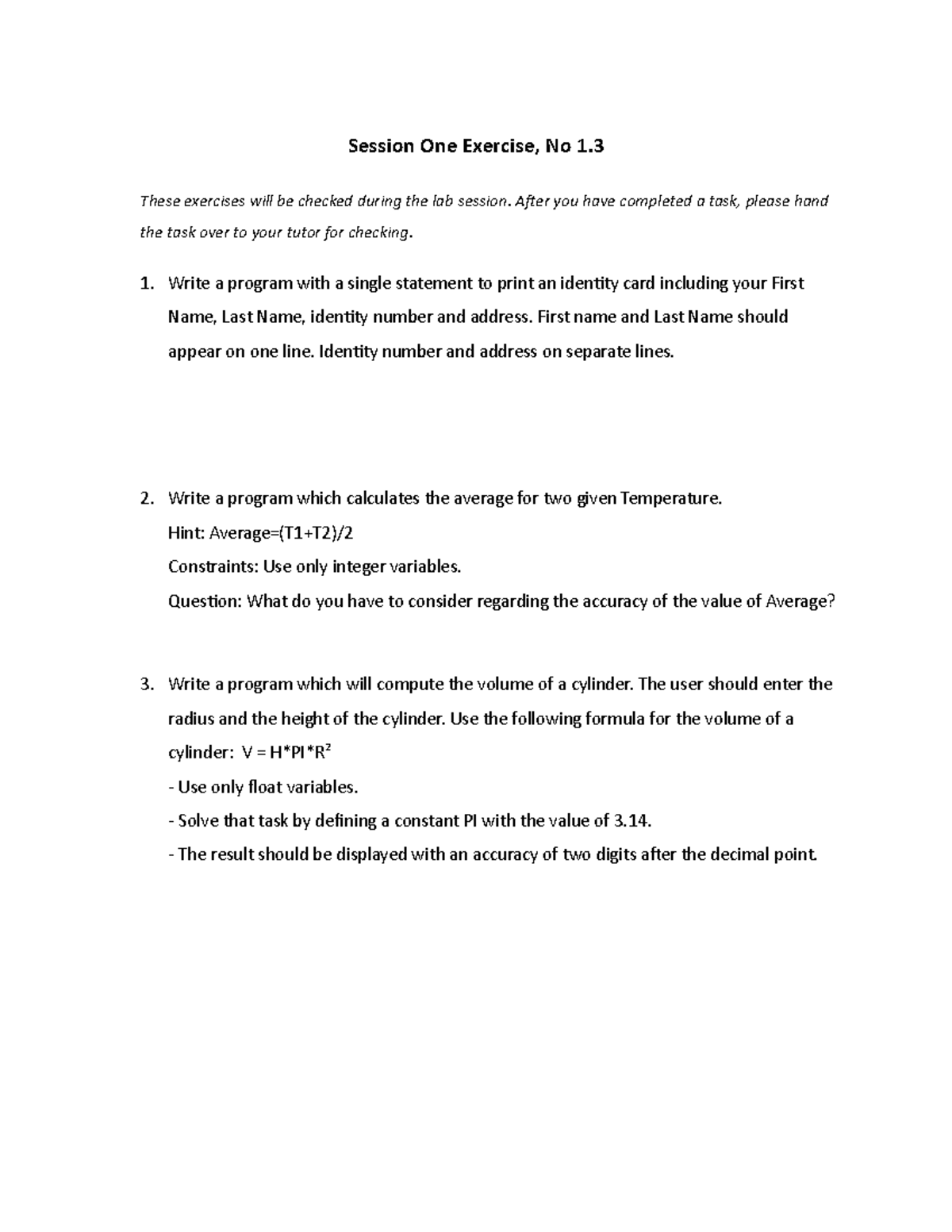 Exercise 1 3 Solution Lab Session One Exercise No 1 These