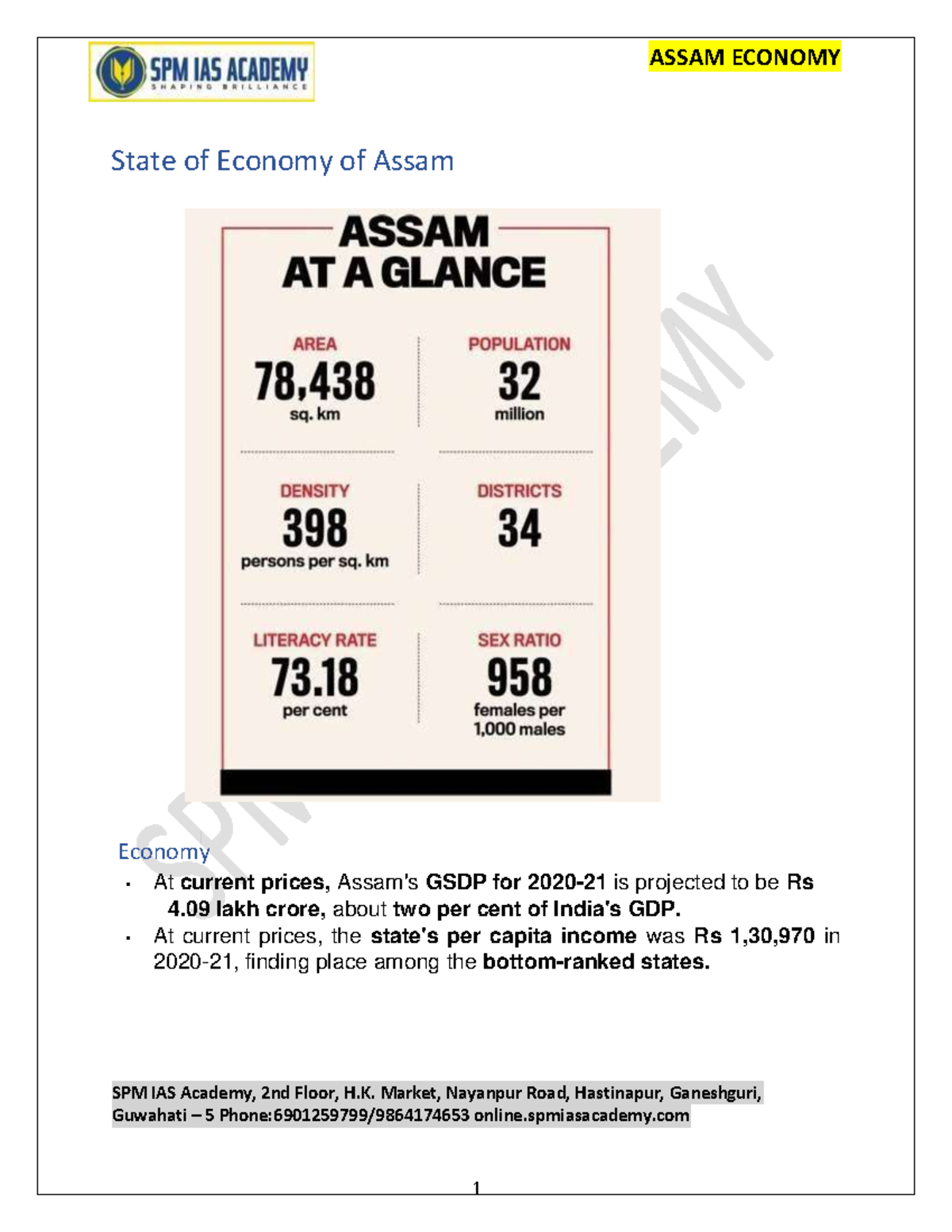 550151009-Assam-Economy - SPM IAS Academy, 2nd Floor, H. Market ...