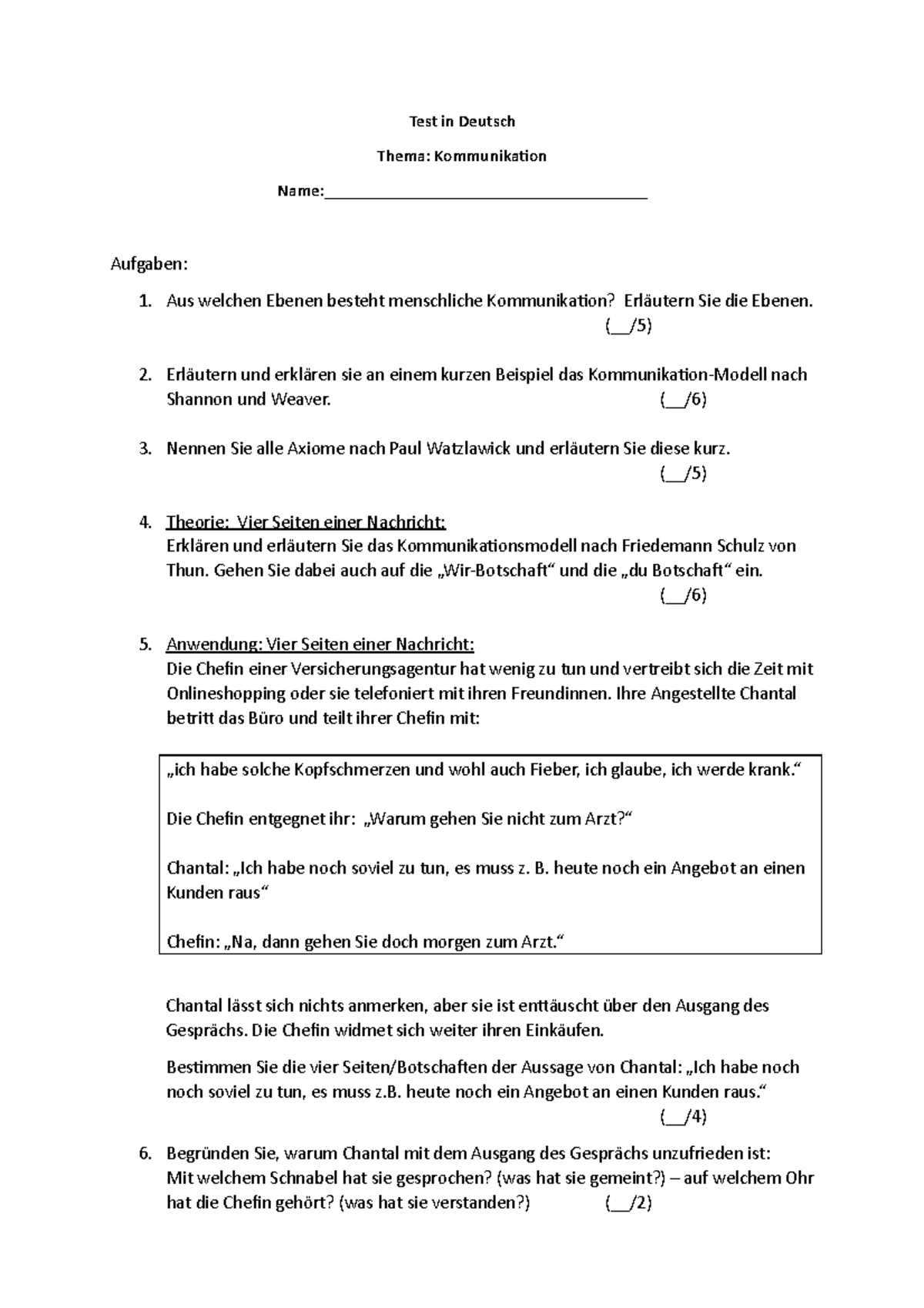 Rede Analyse Deutsch Klausur Beispiel Pdf Klausur Kommunikationstechniken - Test in Deutsch Thema: Kommunikation