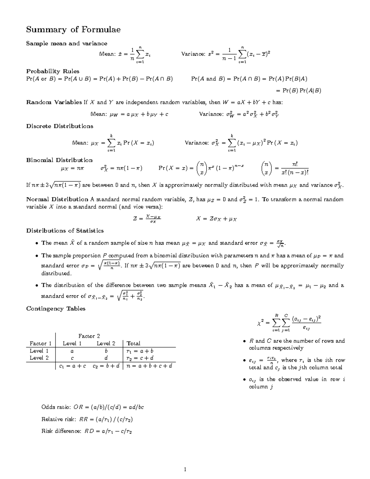 Stat formula sheet - Summary of Formulae Sample mean and variance Mean ...