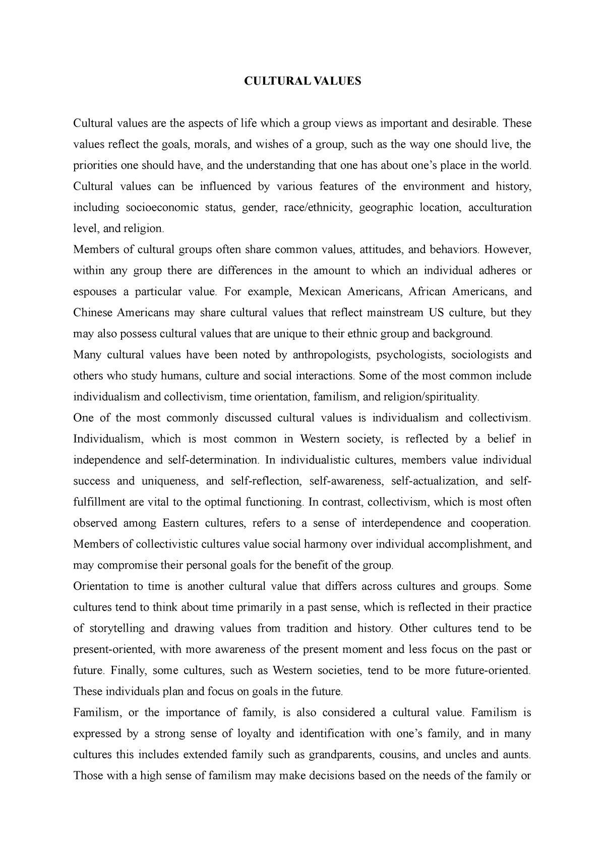 religious and cultural values essay