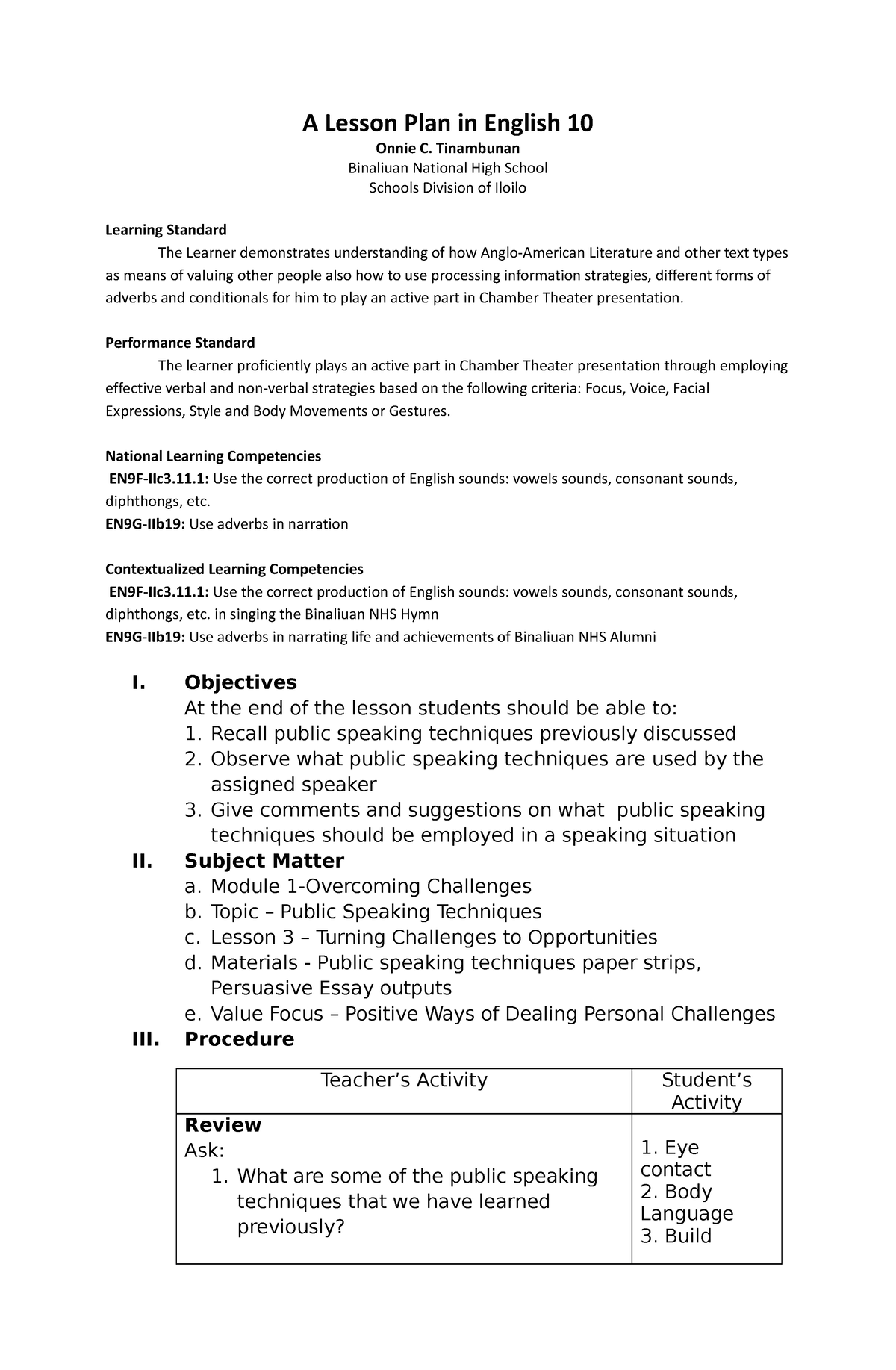 Public-Speaking-2 - Detailed Lesson Plan in English 10 - A Lesson Plan ...