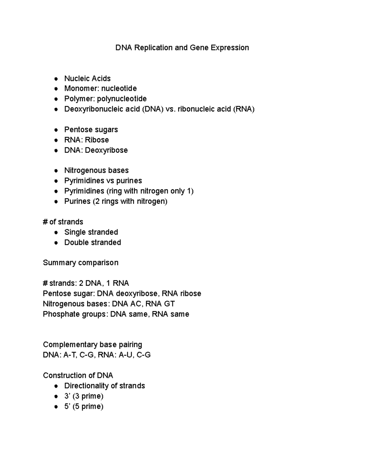 DNA Replication and Gene Expression ribonucleic acid (RNA) Pentose