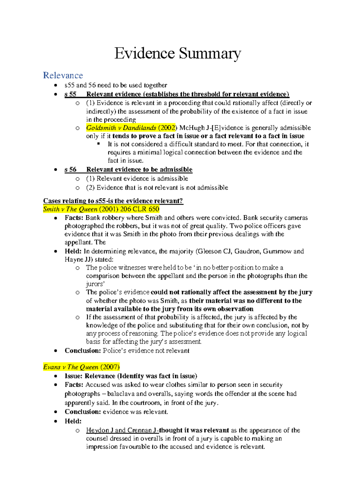 Evidence Summary - Evidence Summary Relevance S55 And 56 Need To Be 