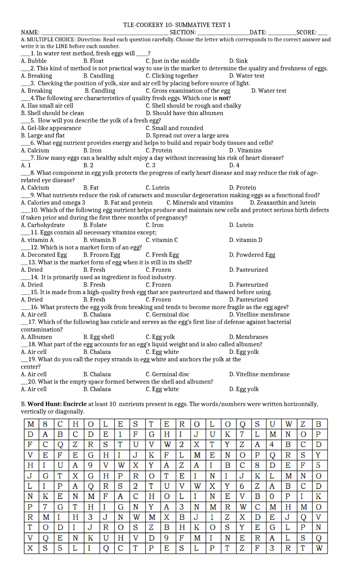 ST 1- TLE - SAMPLE OF summative test - TLE-COOKERY 10- SUMMATIVE TEST 1 ...