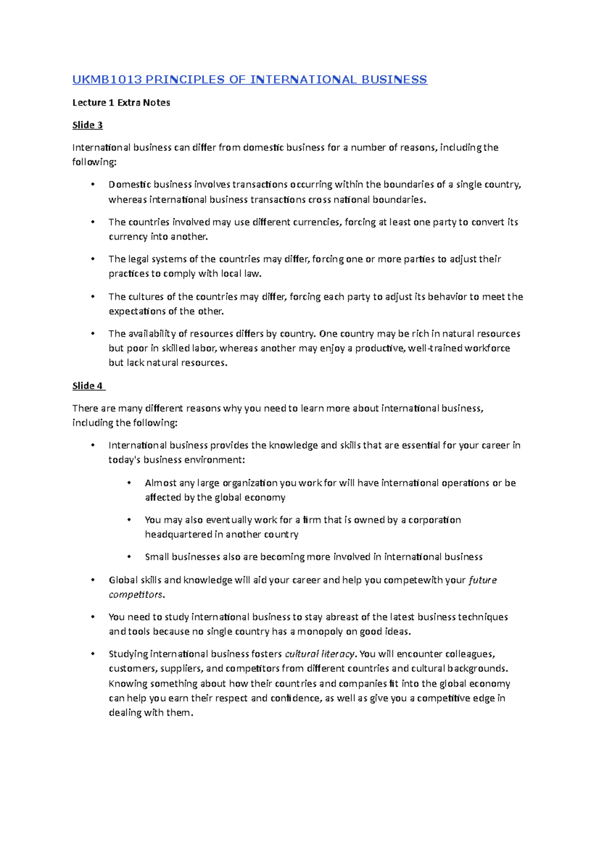 Lecture 1 Extra Notes - UKMB1013 PRINCIPLES OF INTERNATIONAL BUSINESS ...
