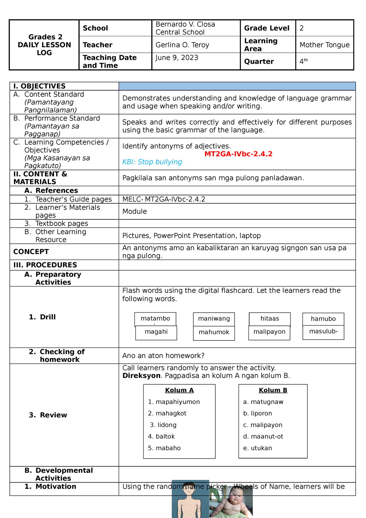 MTB Final DEMO LP - lesson plan - Grades 2 DAILY LESSON LOG School ...