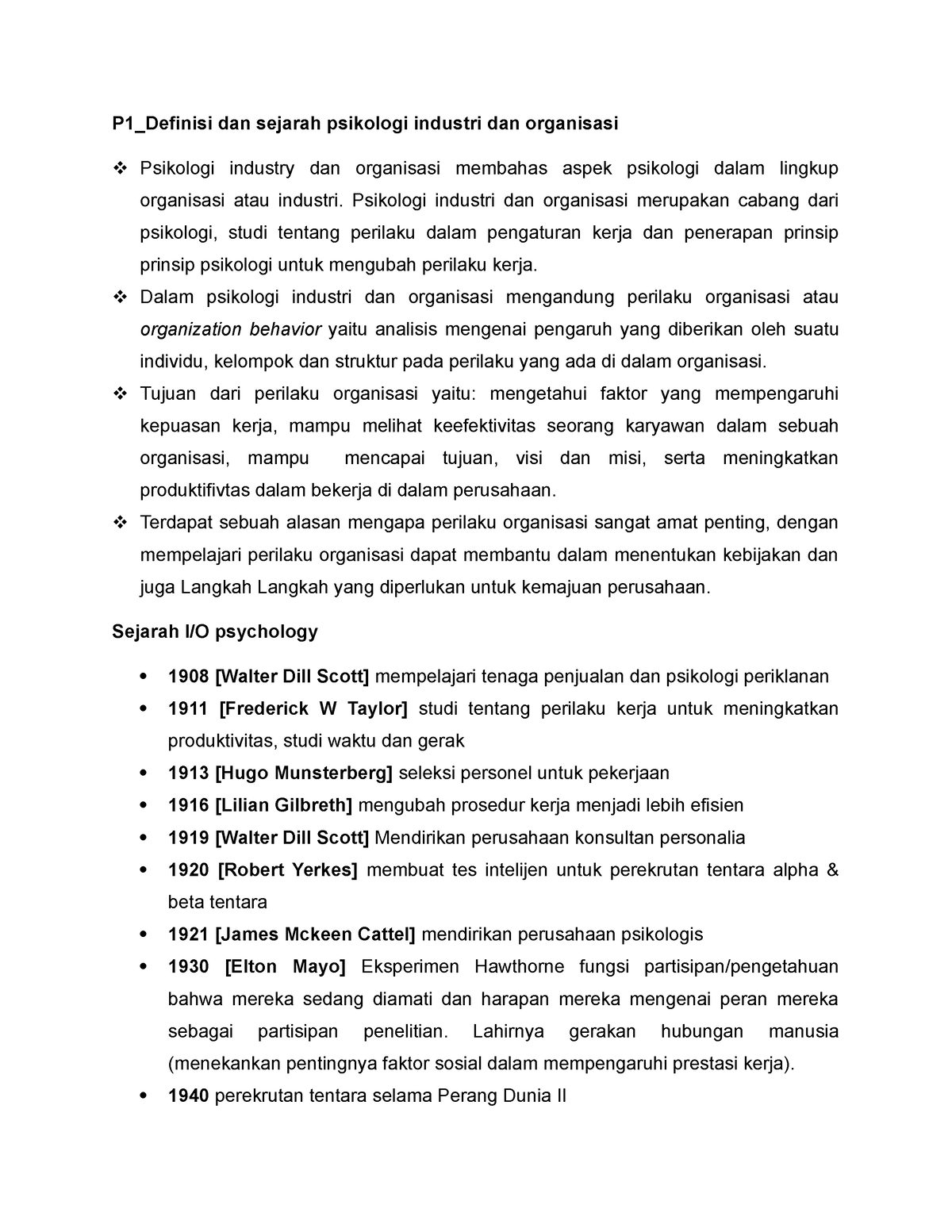 Rangkuman PIO P1 - P1_Definisi Dan Sejarah Psikologi Industri Dan ...