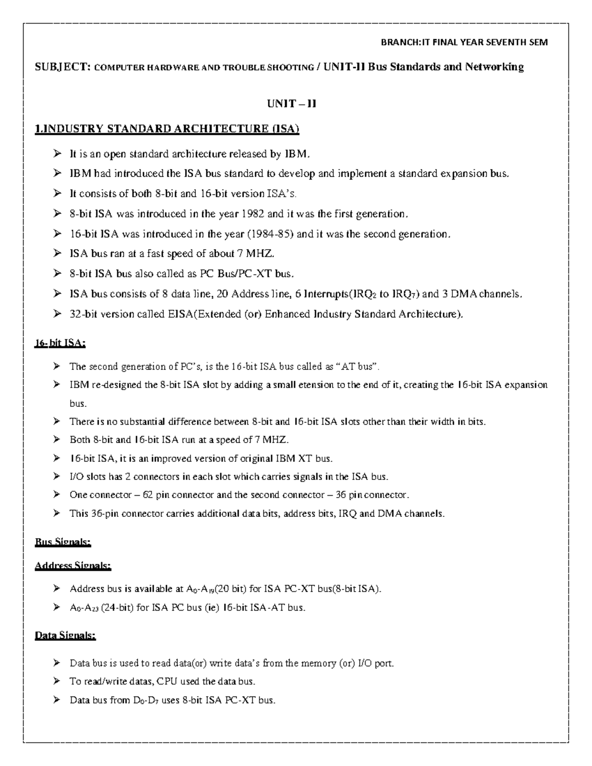 CHTS(U2) Computer Hardware and Trouble Shooting Lecture Notes