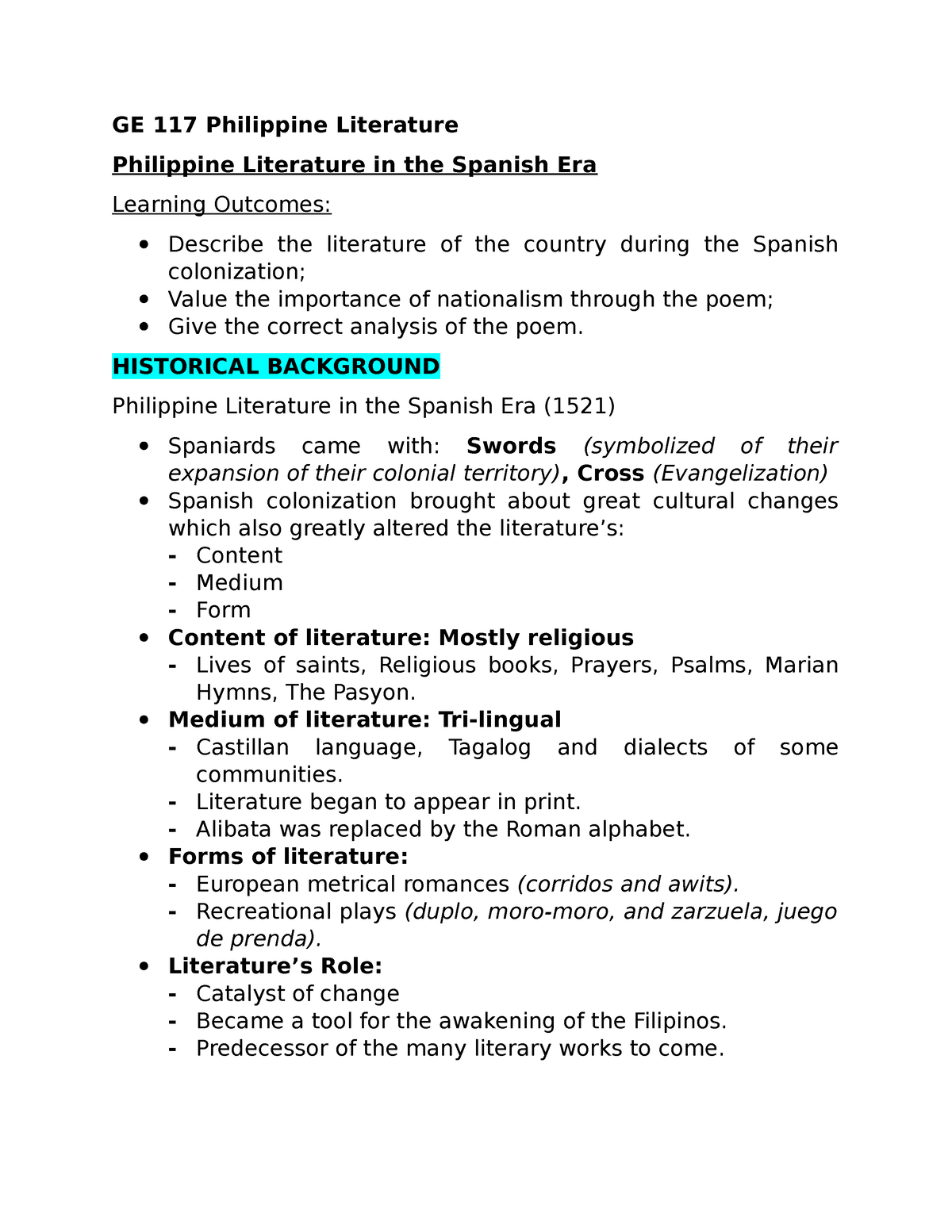 philippine literature in spanish period essay