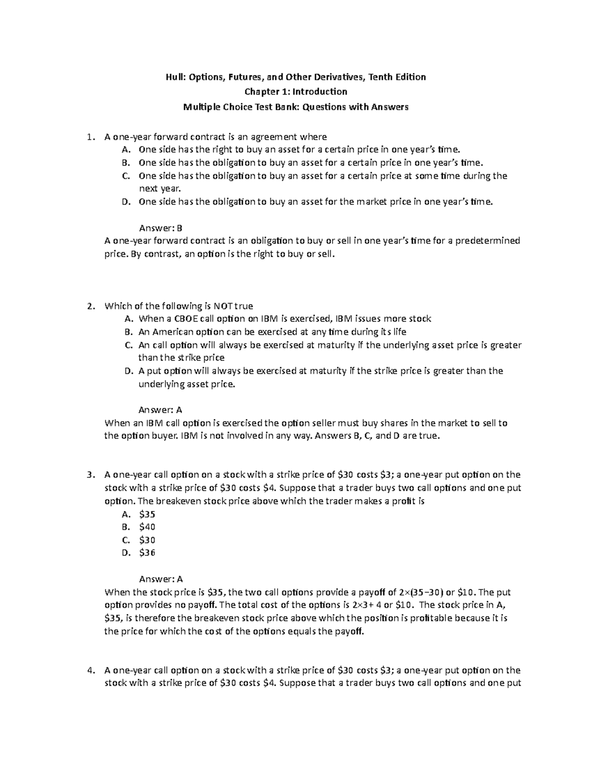 Hull OFOD10e Multiple Choice Questions And Answers Ch01 - Hull: Options ...