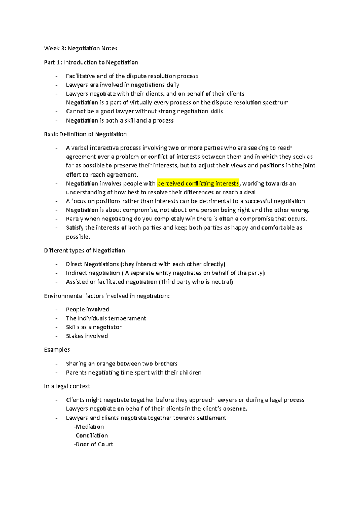 Week 3 Notes - Week 3: Negotiation Notes Part 1: Introduction to ...