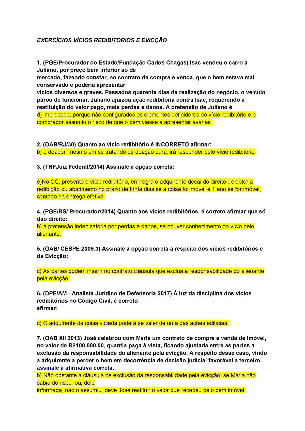 Documento Sem Título Direito Civil Contratos ExercÍcios ExercÍcios VÍcios RedibitÓrios E 1085