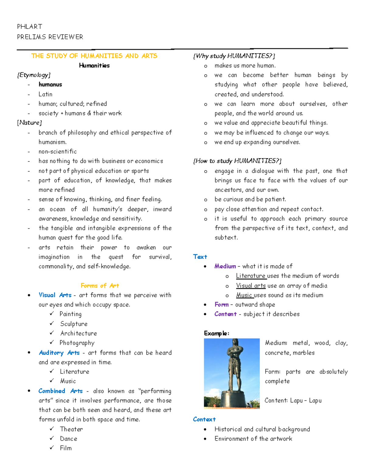 Philarts - notes - PRELIMS REVIEWER THE STUDY OF HUMANITIES AND ARTS ...