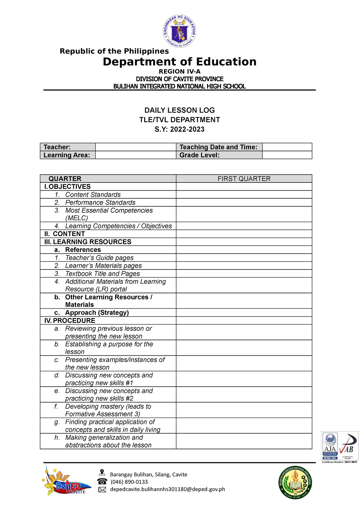 DLL- Template - Asdf - Republic of the Philippines Department of ...