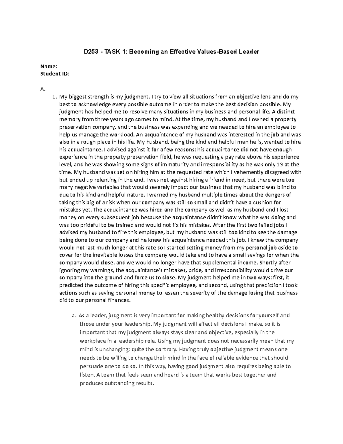 D253 Task 1 - passed 1st attempt - D253 - TASK 1: Becoming an Effective ...