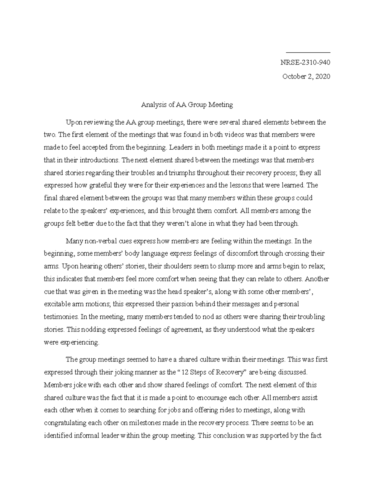 AA Meeting ____________ NRSE2310 October 2, 2020 Analysis of AA