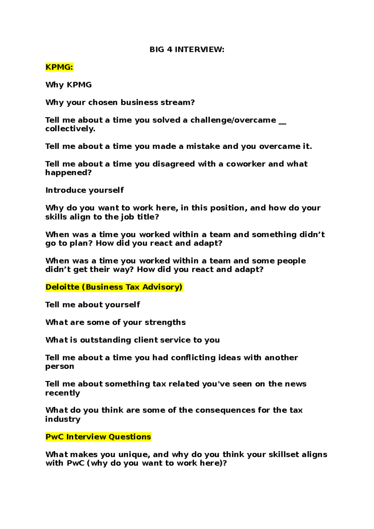 BIG 4 Interview - FINS2615 - BIG 4 INTERVIEW: KPMG: Why KPMG Why your ...