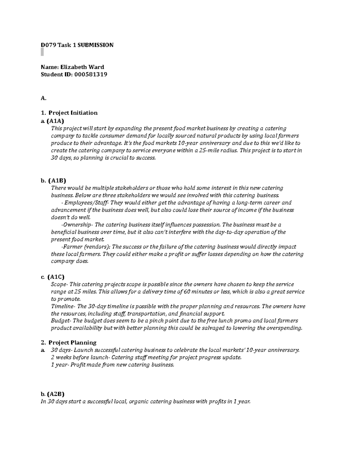 D079 Task 1 Business - D079 Task 1 SUBMISSION Name: Elizabeth Ward ...