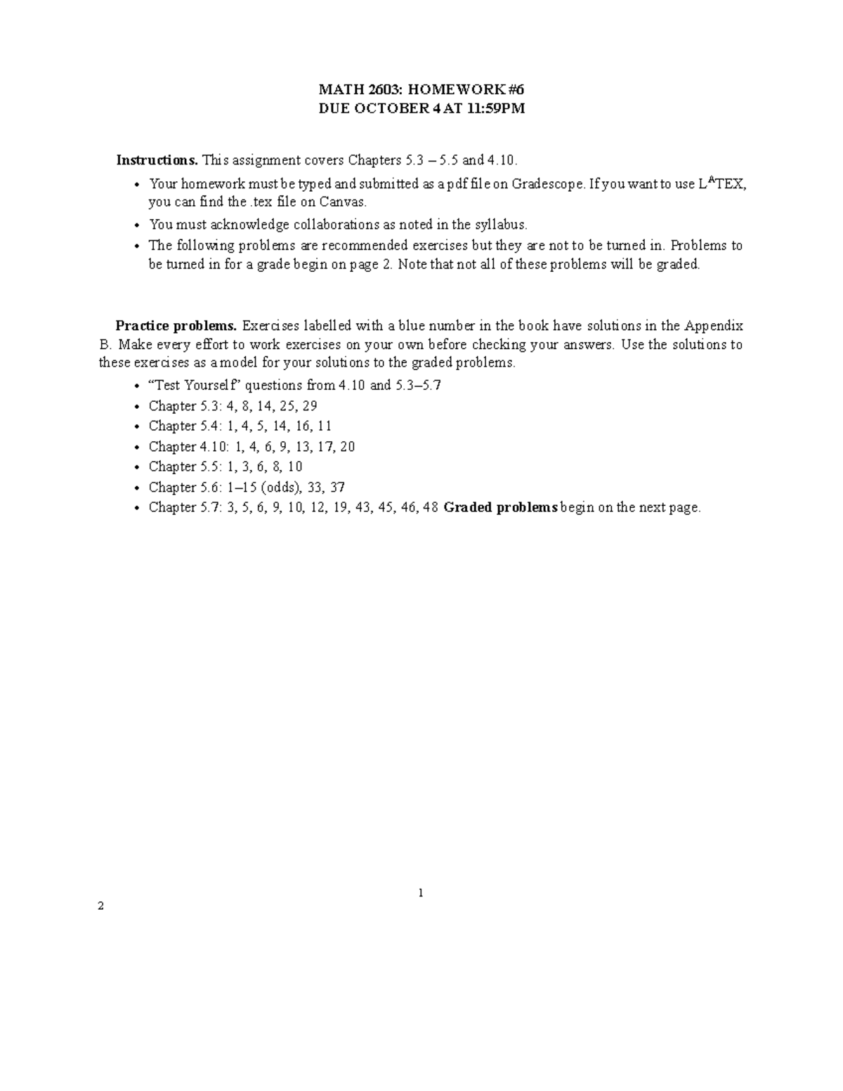 Math2603F24hw6- Homework 6 for MATH 2603 - MATH 2603: HOMEWORK DUE ...
