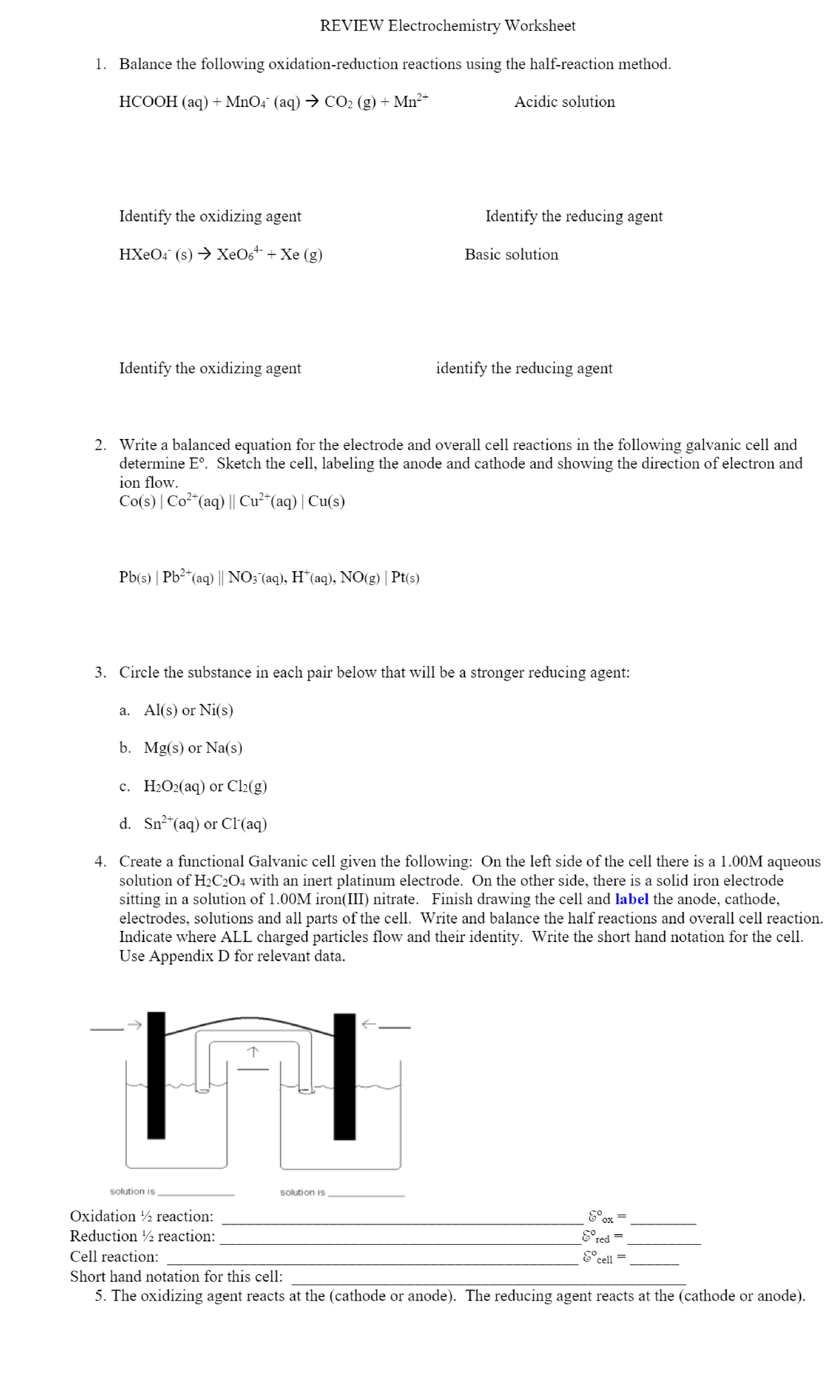 Electrochemistry Worksheet - Studocu