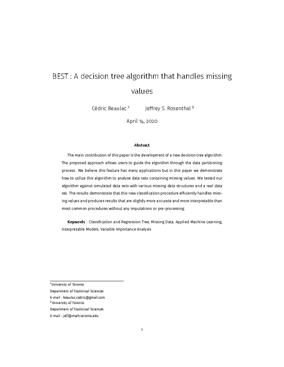 BEST - A decision tree algorithm that handles missing - BEST : A ...