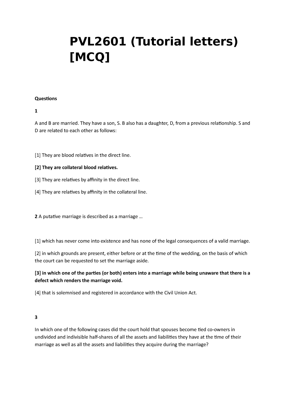 M E G A Tutorial Letters Pvl2601 Tutorial Letters Mcq Questions 1 A And B Are Married 